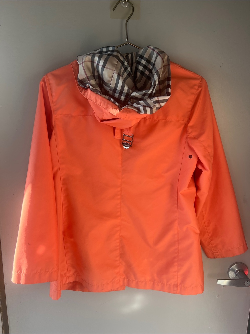 Burberry Bright Orange Hooded Raincoat with Check Lining - Picture 8 of 13